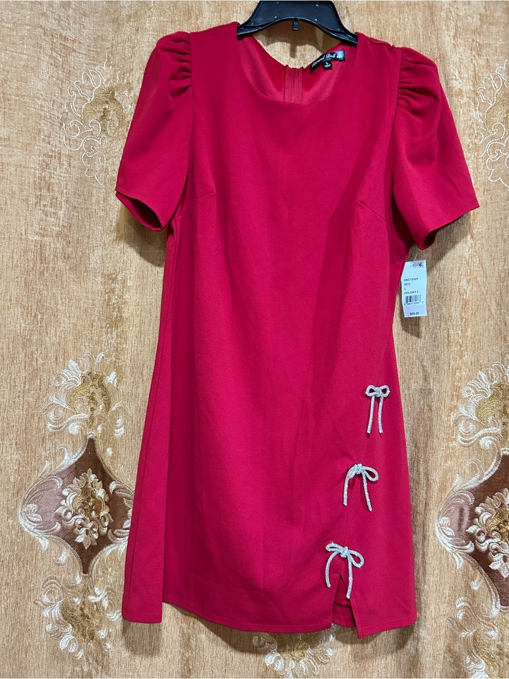 Crystal Doll Deep Red Scoop-Neck Puff-Sleeve Crystal Embellished Bow Short Dress